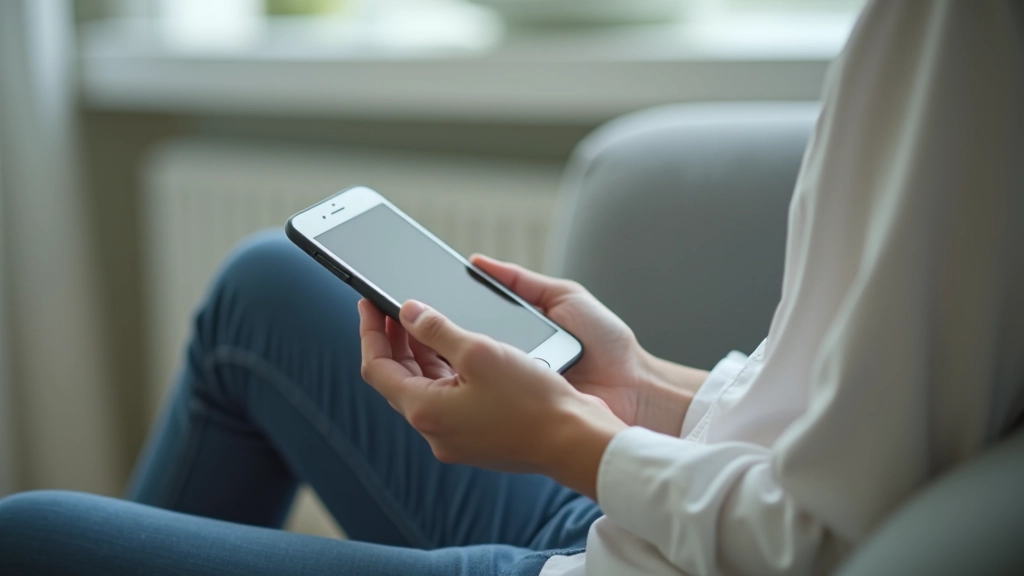 Close-up of hands holding smartphone displaying meditation app interface, person relaxing on comfortable sofa in modern apartment