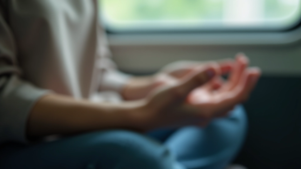 Close-up view of hands resting on lap in meditation pose, natural lighting from train window, calm composed posture