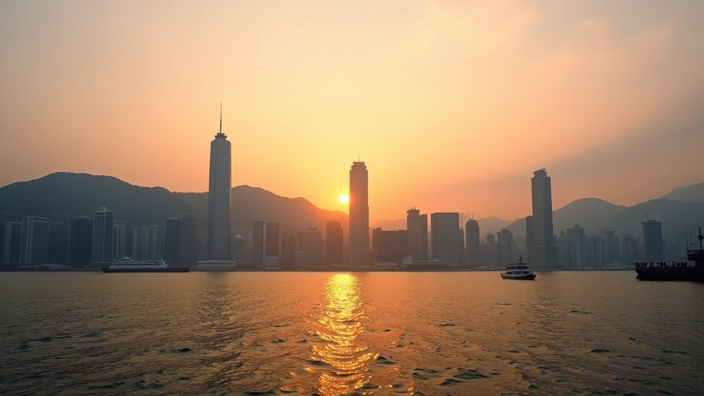 Modern Hong Kong skyline at sunrise with buildings and harbor visible, peaceful morning light breaking through urban landscape