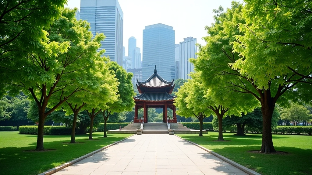 Elevated view of Hong Kong Park with traditional pavilion, walking paths, and lush greenery against city skyline in the background