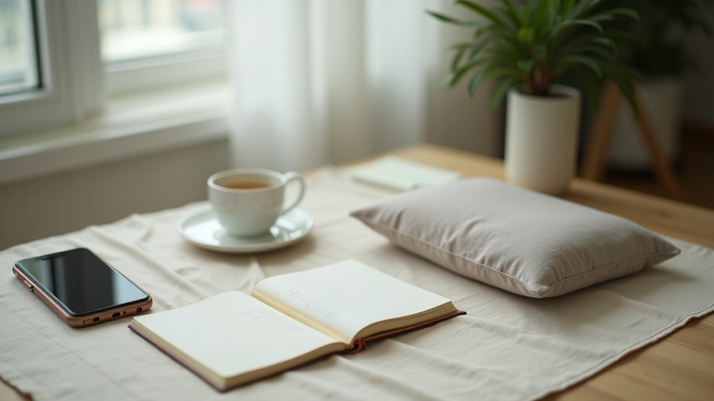 Mindfulness workspace setup with meditation cushion and wellness app on mobile device