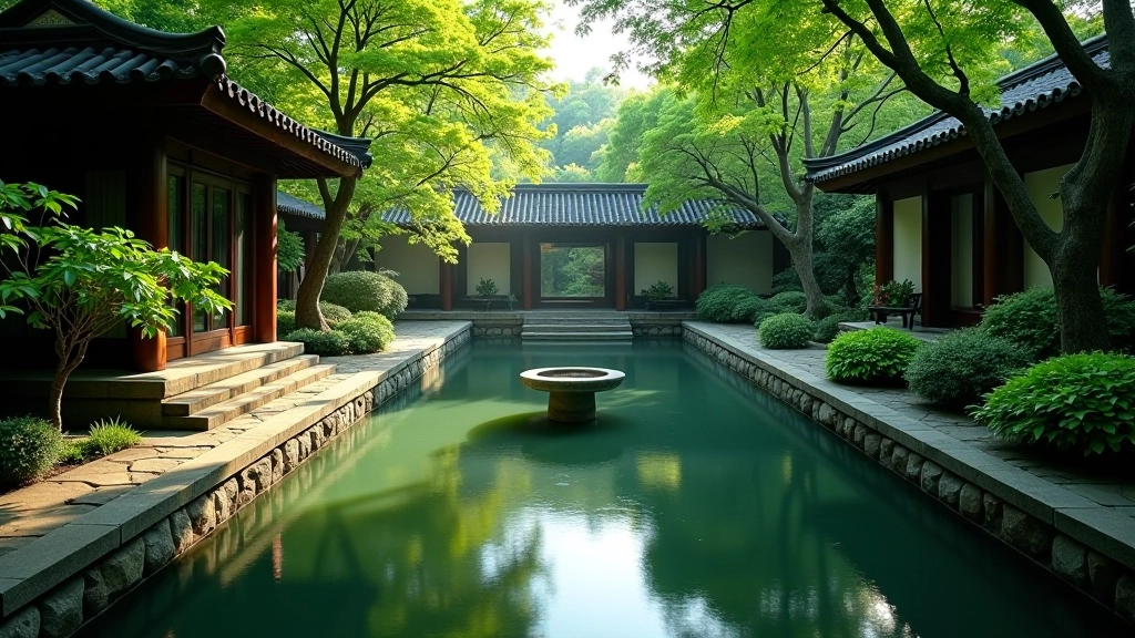 Serene water feature in a traditional Hong Kong garden with stone pathways, architectural elements, and mature trees creating dappled shade