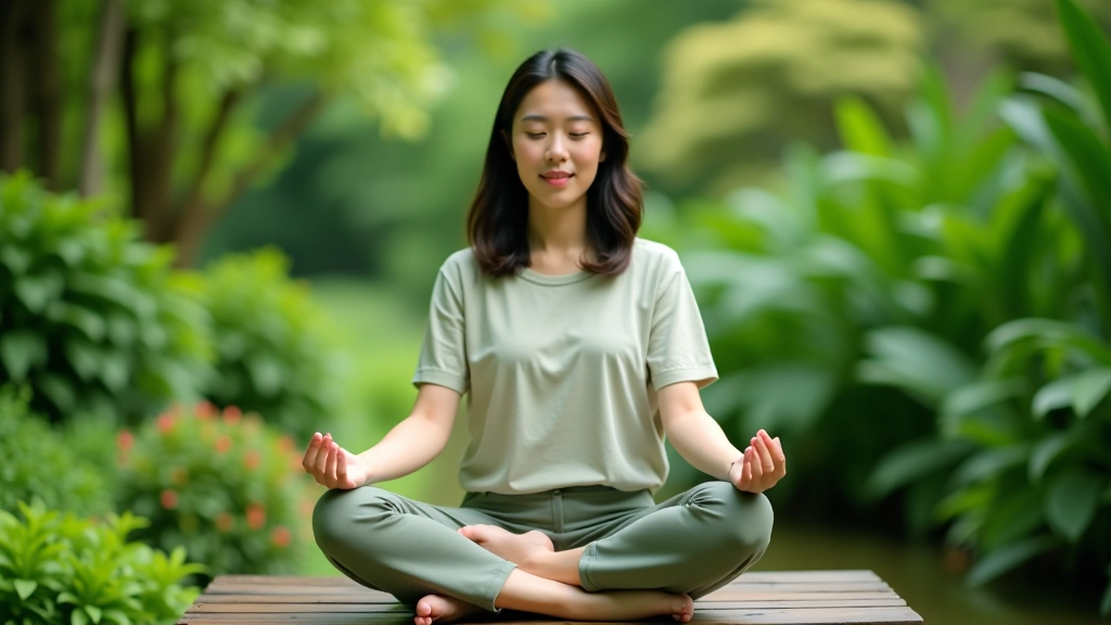 Person sitting on a wooden bench in a lush garden surrounded by green plants and trees, practicing breathing exercises with relaxed posture