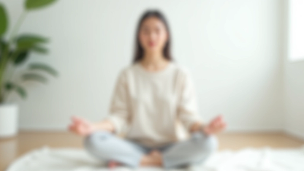 Person sitting cross-legged in meditation pose with eyes closed, wearing casual clothing, in a bright minimalist room with soft natural lighting