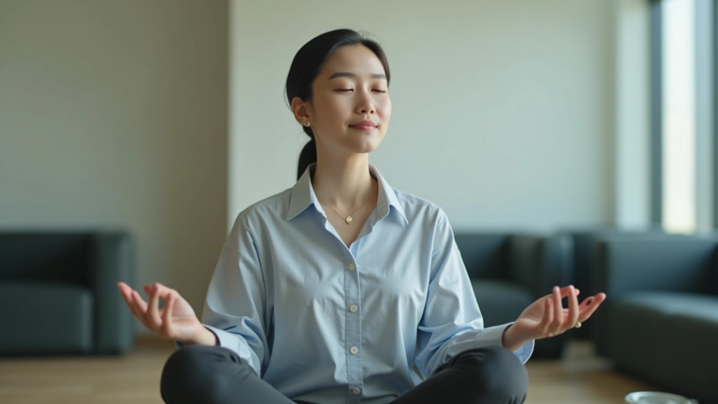 Person in office break room sitting with eyes closed, practicing box breathing technique with calm relaxed shoulders