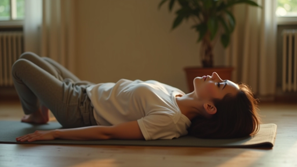 Person lying down on yoga mat in peaceful indoor studio setting, practicing 4-7-8 breathing technique with hands resting on chest