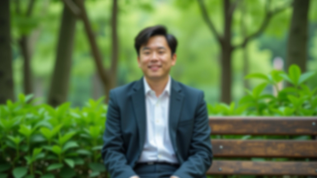 Person sitting peacefully on outdoor bench in Hong Kong Park surrounded by lush greenery, practicing breathing technique during lunch break