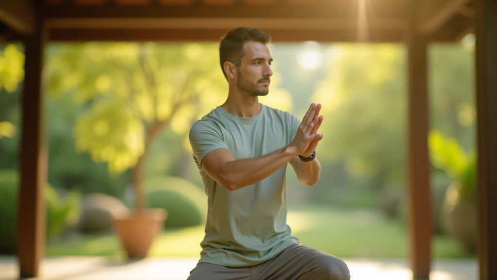 Person practicing tai chi or gentle movement in a peaceful garden setting with traditional architecture, morning light, calm atmosphere, professional posture