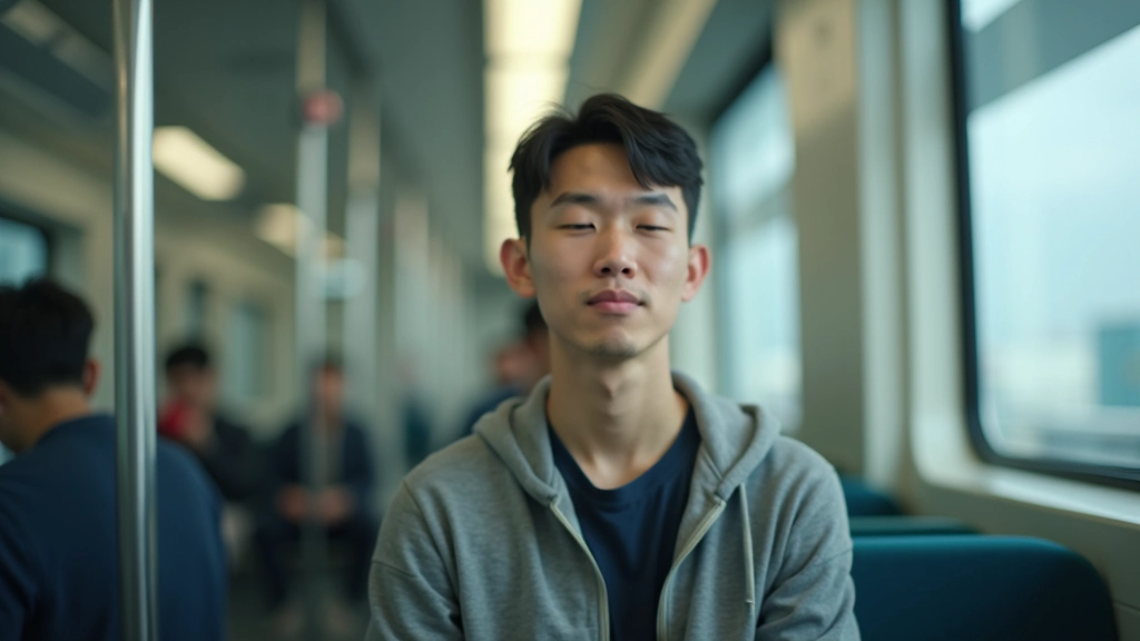 Person sitting calmly in MTR carriage with serene expression, casual clothing, morning commute lighting through windows