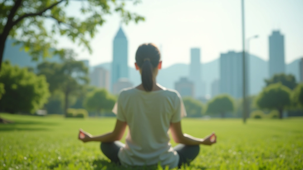Person practicing mindfulness in Hong Kong Park during daytime with urban backdrop