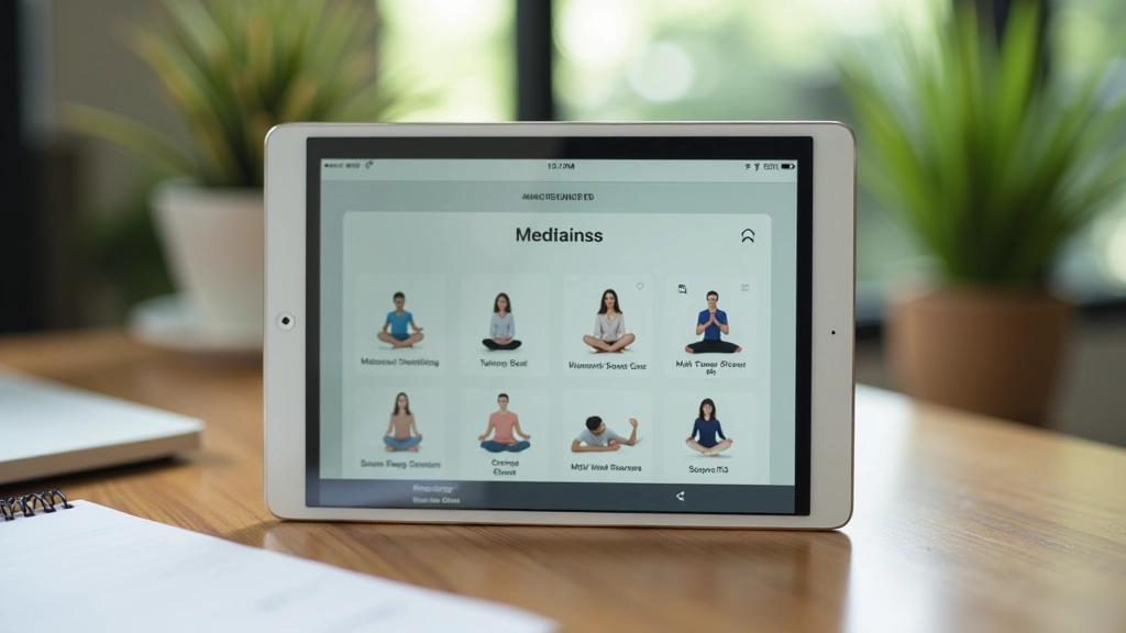 Tablet screen showing Insight Timer app with vast library of meditation sessions and instructor profiles