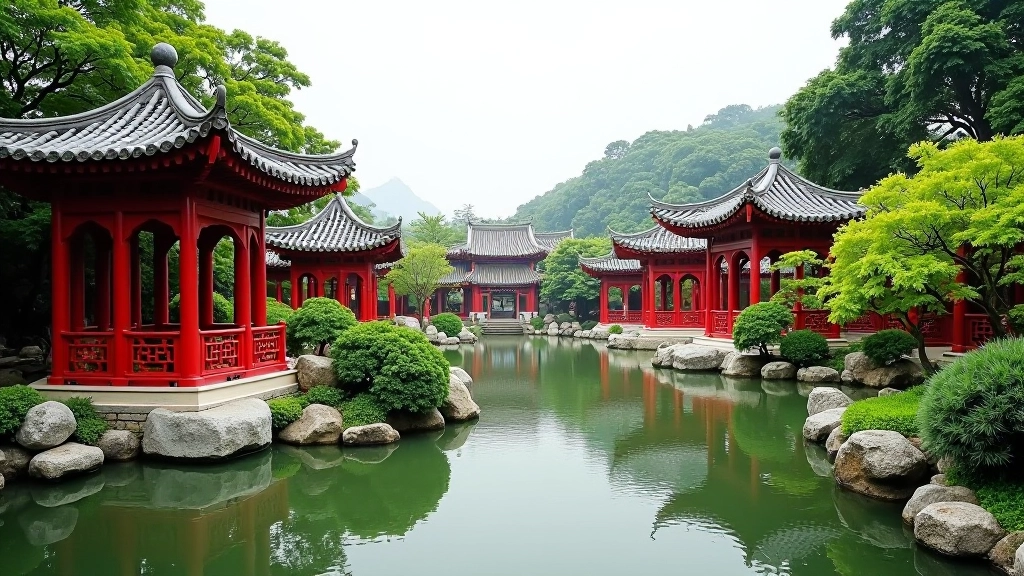 Elaborate traditional Chinese garden with red-roofed pavilions, ornamental rocks, water features, and carefully arranged plants creating a meditative landscape