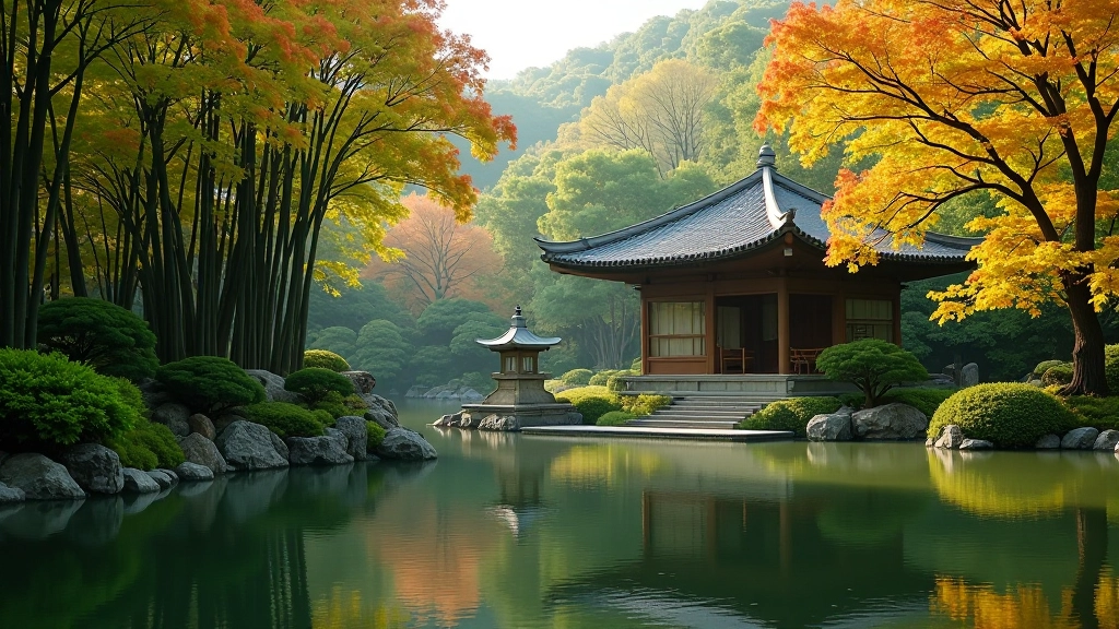 Traditional Japanese garden pavilion surrounded by bamboo and maple trees, stone lantern visible, reflective pond in foreground, peaceful architectural elements