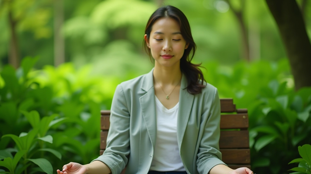 Woman sitting peacefully on a wooden bench in a lush green garden surrounded by plants and trees, practicing breathing with relaxed posture and serene expression